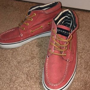 Unique high top rust color sperry sneakers